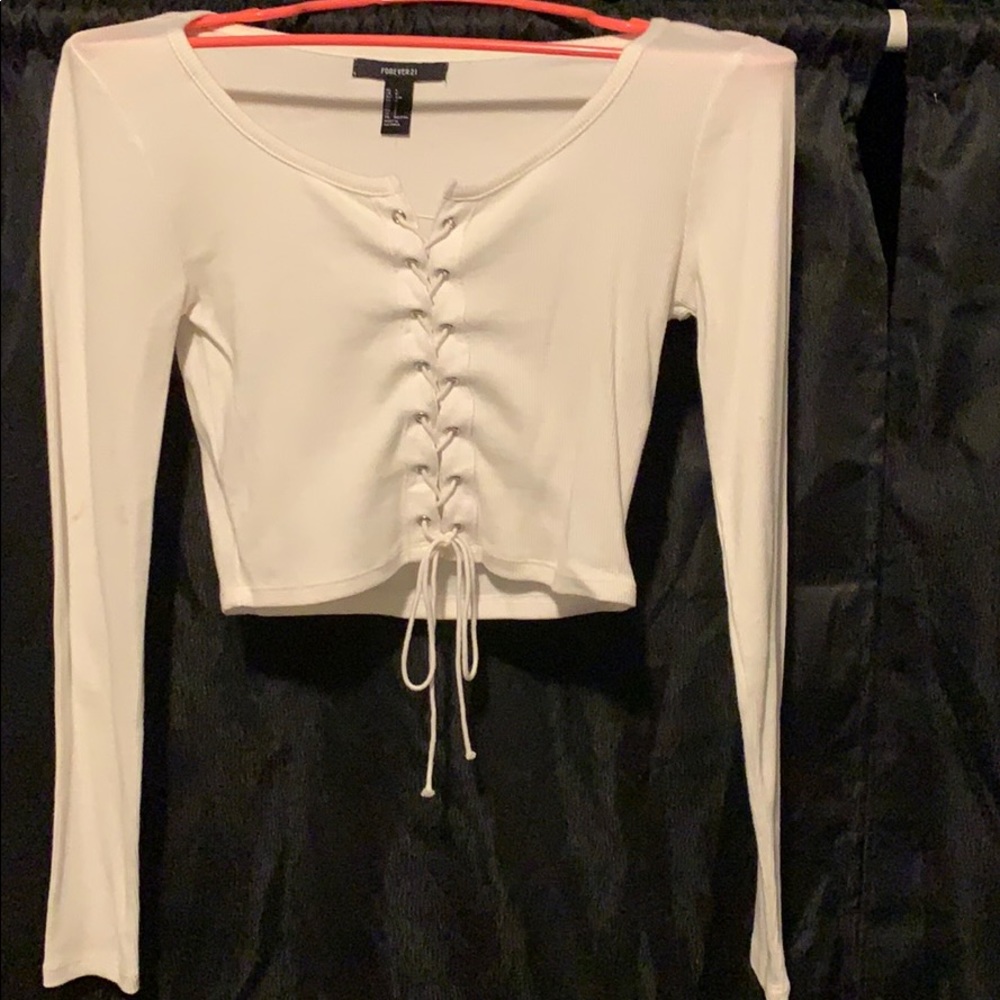 White crop lace up shirt